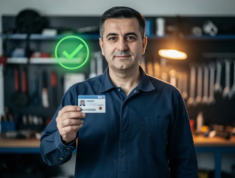 Doğrulanmış usta: lacivert gömlekli bir Türk usta, elinde doğrulama kimlik kartıyla; yanında parlayan yeşil onay rozeti