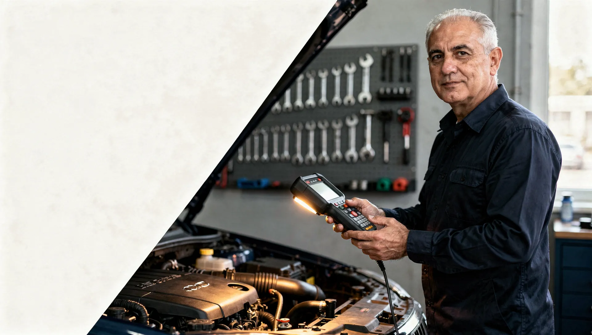 Temiz modern bir sanayi atölyesinde açık motor bölmesinin üzerinde teşhis cihazı tutan onurlu bir Türk usta